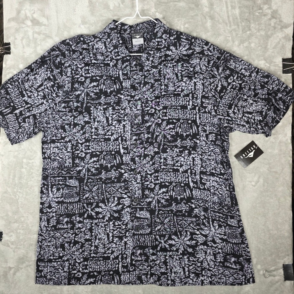 Cheetah Tiki Black Button Up Shirt Mens Large Short Sleeve‎ NWT